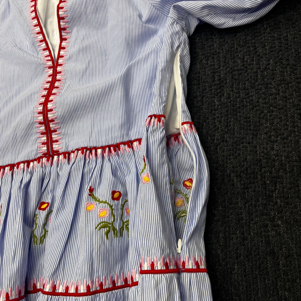 Hyacinth House Blue White Striped Embroidered Tiered Puff Sleeve Mini Dress XS - Picture 5 of 7